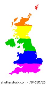 The mult coloured gay pride silk flag with United Kingdom map silhouette