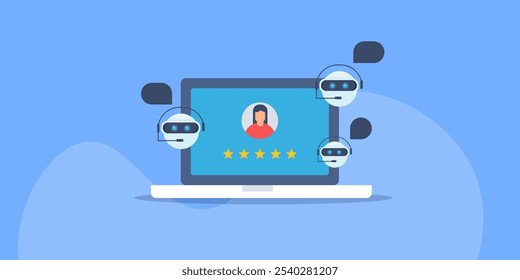 Robô de bate-papo de múltiplos agentes, Bate-papo recebendo chamadas de clientes, Suporte ao cliente acionado por robô de bate-papo de inteligência artificial - ilustração vetorial com ícones