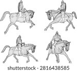 Multi angle poses of an ancient fantasy knight soldier riding a domestic horse clad in protective steel warrior armor