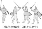 Multi angle poses of an ancient fantasy knight soldier character clad in steel warrior armor brandishing a combat sword and large tactical shield