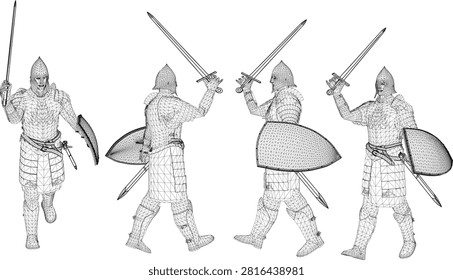 Multi angle poses of an ancient fantasy knight soldier character clad in steel warrior armor brandishing a combat sword and large tactical shield
