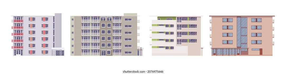 Multi apartment buildings set, colorful housing blocks, urban-cityscape. Residential city high-rise houses with windows and balcony. Vector flat style cartoon illustration, modular store elements