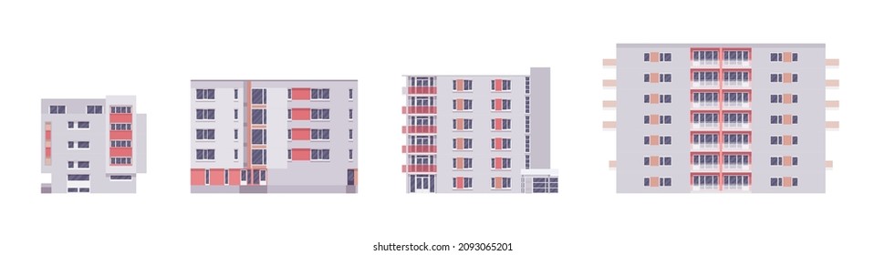 Edificios independientes de varios departamentos, bloques de viviendas, paisaje urbano. Casas de gran altura con ventanas y balcón. Ilustración de dibujos animados de estilo plano vectorial, elementos de almacenamiento modular