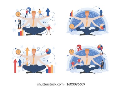 Multi armed businessman set. Professional completing several tasks simultaneously . Flat vector illustrations. Business, multitasking concept for banner, website design or landing web page