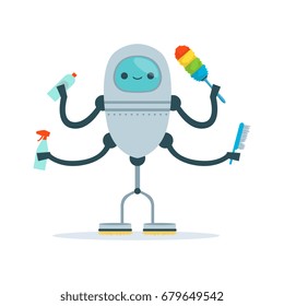Multi armed housemaid android character cleaner vector Illustration