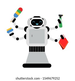 Multi armed robot home assistant holds different items for cleaning. Vector illustration.