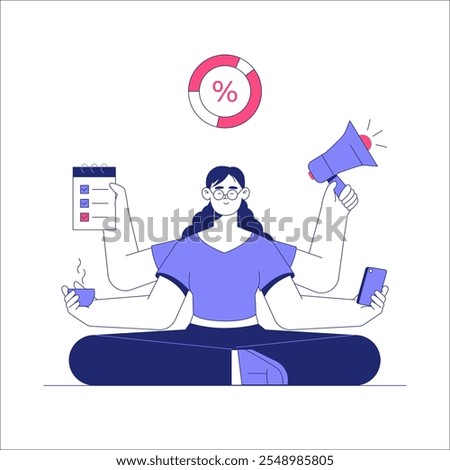 Multi Armed Woman Managing Tasks In Flat Vector Illustration Symbolizing Productivity, Multitasking, And Time Management, Isolated On White Background