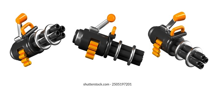 Ametralladora de cañón múltiple en diferentes posiciones. Minigun con cinturón de cartuchos