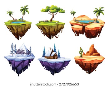 Islas flotantes de múltiples biomas con áreas de nieve, desierto y bosque tropical. Vector ilustración de dibujos animados