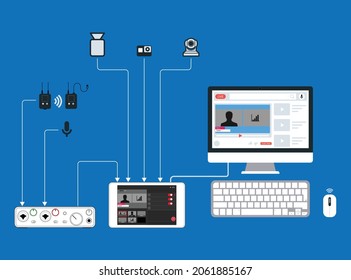  Multi Camera system for Live Streaming . Mini Switcher hdmi camera. Profesional Broadcast Diagram Vector.