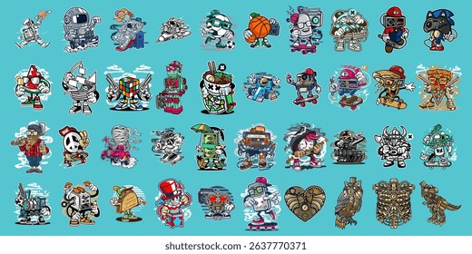 Multi cartoonist funny sports, science, food character in multicolor vector design