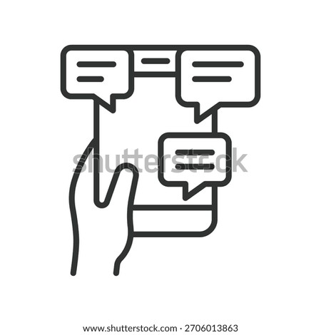 Multi chat smartphone icon in line design. multi chat, conversation flow, chat messages, smartphone chatting, communication, message bubbles, dialog threads, mobile interaction on white background