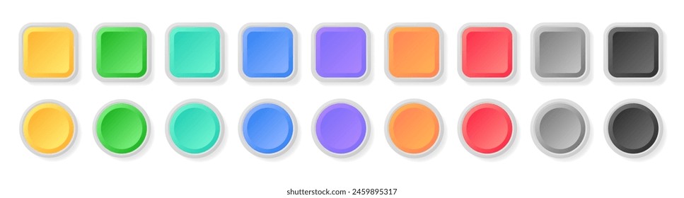 Multi color 3d button. Square and circle glossy colorful web ui buttons. Vector empty round button collection. Badge emblems. Game buttons design isolated icons set.