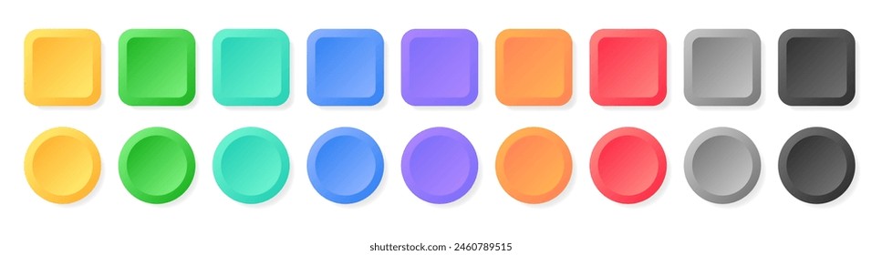 Multi color 3d button. Square and circle glossy colorful web ui buttons. Vector empty round button collection. Badge emblems. Game buttons design isolated icons set.