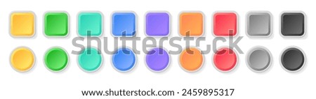 Multi color 3d button. Square and circle glossy colorful web ui buttons. Vector empty round button collection. Badge emblems. Game buttons design isolated icons set.