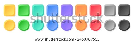 Multi color 3d button. Square and circle glossy colorful web ui buttons. Vector empty round button collection. Badge emblems. Game buttons design isolated icons set.