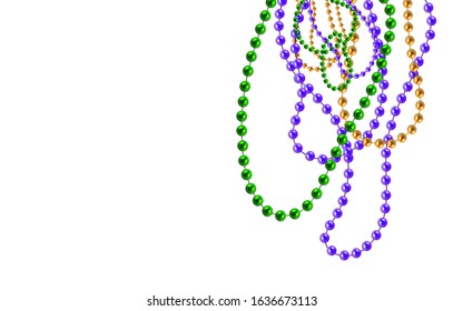 Multi color 3D gold, green, purple beads isolated on white background. Set for Celebratory Design, Xmas Holiday, greeting card. Mardi gras decorations, design element. vector illustration.