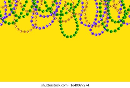 Multi color 3D gold, green, purple beads isolated on yellow background. Set for Celebratory Design, Xmas Holiday, greeting card. Mardi gras decorations, design element. vector illustration.