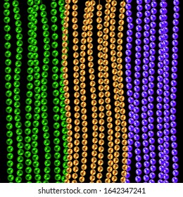 Multi color 3D gold, green, purple beads isolated on black background. Set for Celebratory Design, Xmas Holiday, greeting card. Mardi gras decorations, design element. vector illustration.