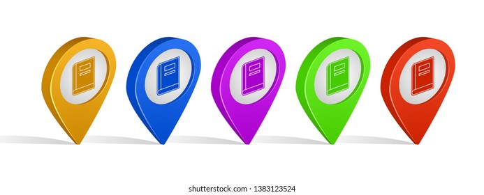 Multi color 3d pins of book store sign icon