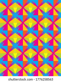 Abstrakte mehrfarbige Illustration mit verschiedenen Sternen-Designformen und geometrischen Formen, die ein dekoratives Muster bilden.