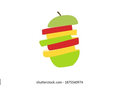 multi color apples sliced and arranged in to fruit sandwich isolated on white background creative design for backgrounds, posters, menu cover illustration.