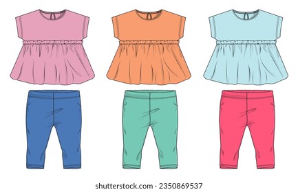 Multi color Baby girls tops blouse dress and pants technical drawing fashion flat sketch vector illustration template 