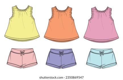 Múltiples colores Las niñas bebé se topan con la ropa de blusa y los pantalones cortos dibujo técnico moda dibujo plano modelo de ilustración vectorial 