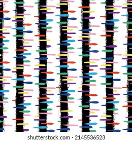 Multi Color Blobs on Black and White Stripes Vector Seamless Pattern