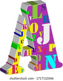 Multi color english alphabet text laid out on the letter A in 3D theme.