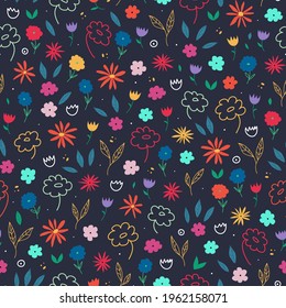 Multi color floral background with bright flowers and leaves on a dark blue background. Colorful flower print. 