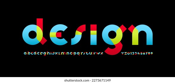 Alfabeto de tipo de letra multicolor, letras brillantes de moda de A a Z y números de 0 a 9 con efecto superpuesto, ilustración vectorial 10EPS