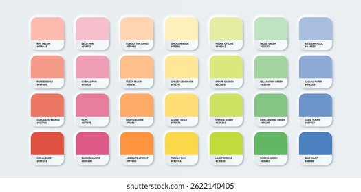 Paleta de guia de várias cores. Amostras do catálogo de cores com códigos e nomes RGB HEX. Vetor EPS 10