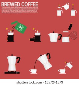 Multi color icon of Brewed coffee making process