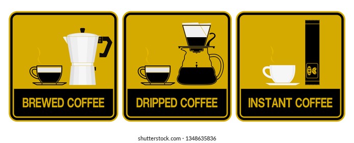 Multi color icon of coffee type ( Brewed, dripped, instant)