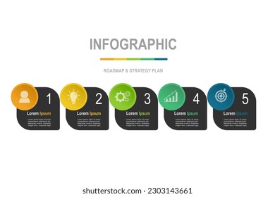 Plantilla de diseño de elementos de infografía multicolor, concepto de negocio con 5 pasos, formas rectangulares estilo mínimo para diseño de flujo de trabajo, diagrama, informe anual, diseño web.Banner creativo, vector de etiqueta