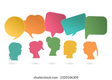 multi color of lady icon with blank speech bubbles on green background. For people communication, talking , discussion, Coworkers, team, thinking, question, idea, brainstorming, reunion concept