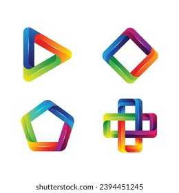 multi color logos play button square pentagon plus