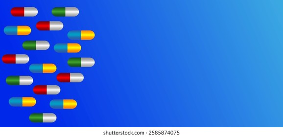 multi color medical capsules tablets with copy space for text blue banner for health care medical concept 