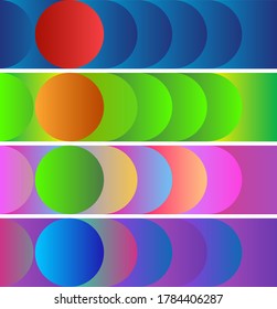 Multi color overlapping  circular and curved geometric shapes create a decorative pattern.