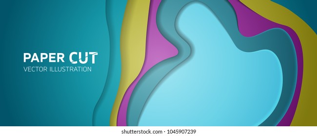 Multi color paper layers 3D papercut vector wide background - Abstract paper cut texture for topography website template - Creative smooth cartoon origami paper shape concept