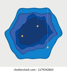 Multi color paper layers 3D papercut with gradient on blue vector background with space elements. Abstract paper cut texture for topography website template or cartoon origami paper shape concept