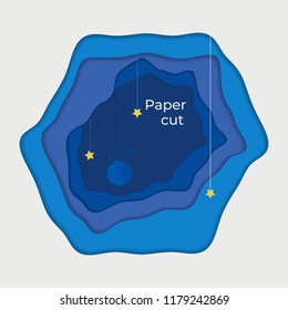 Multi color paper layers 3D papercut with gradient on blue vector background with space elements. Abstract paper cut texture for topography website template or cartoon origami paper shape concept