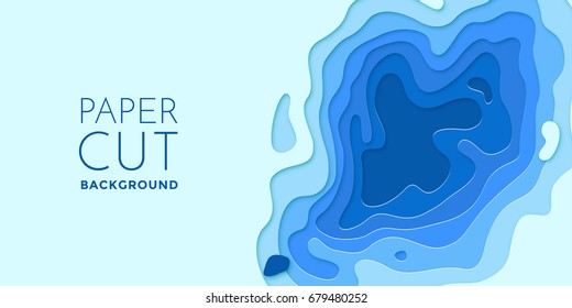 Multi color paper layers 3D papercut with gradient on blue vector background. Abstract paper cut texture for topography website template or smooth cartoon origami paper shape concept