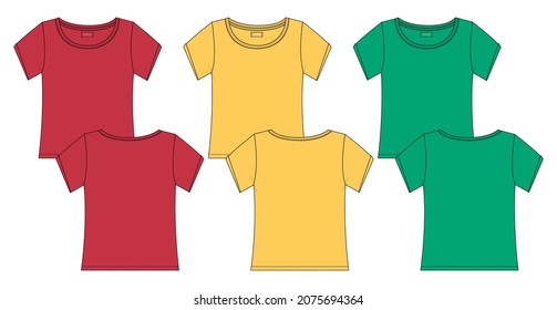 Multi color Regular Flat Short sleeve T-shirt Technical sketch fashion template for Women's and Girls. Vector art illustration Clothing mock up front, back view. Easy Edit customizable
