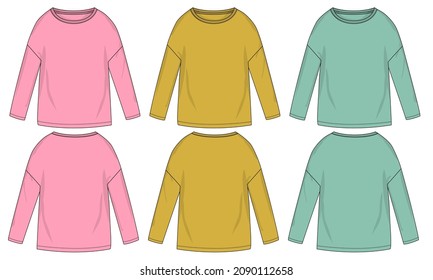 Multicolor Relax encaja en camiseta de manga larga en general técnica Moda Plano Esbozo plano plantilla vectorial para mujeres. La camiseta en blanco de diseño de ropa se burla de la parte delantera, la parte trasera de las vistas aisladas en fondo blanco.