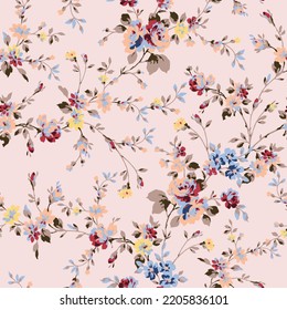 multi color seamless floral vector flowers with leaves pattern on pink background