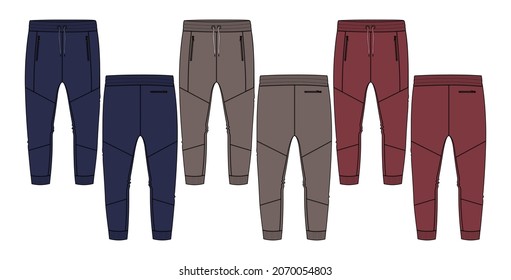 Multi color Set of collection Basic Sweat pant technical fashion flat sketch template front and back views. Apparel Fleece Cotton jogger pants vector illustration drawing mock up for kids and boys. 