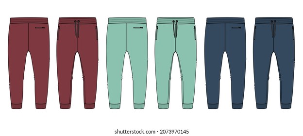Multi color Set of collection Basic Sweat pant technical fashion flat sketch template front and back views. Apparel Fleece Cotton jogger pants vector illustration drawing mock up for kids and boys. 
