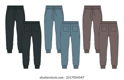 Multi color Set of collection Basic Sweat pant technical fashion flat sketch template front and back views. Apparel Fleece Cotton jogger pants vector illustration drawing mock up for kids and boys.
